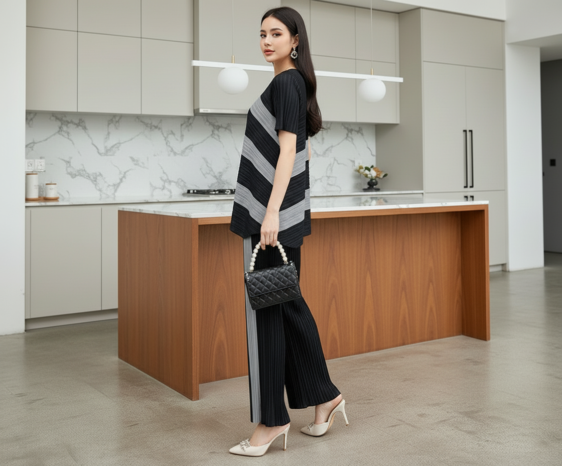 Top Loose Mild Pleated Stretching Skirt Two Pieces Set - Black