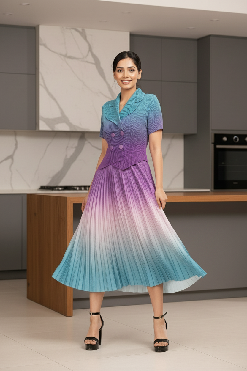 Dual Color Ombre Pleated Skirt Set -  Blue