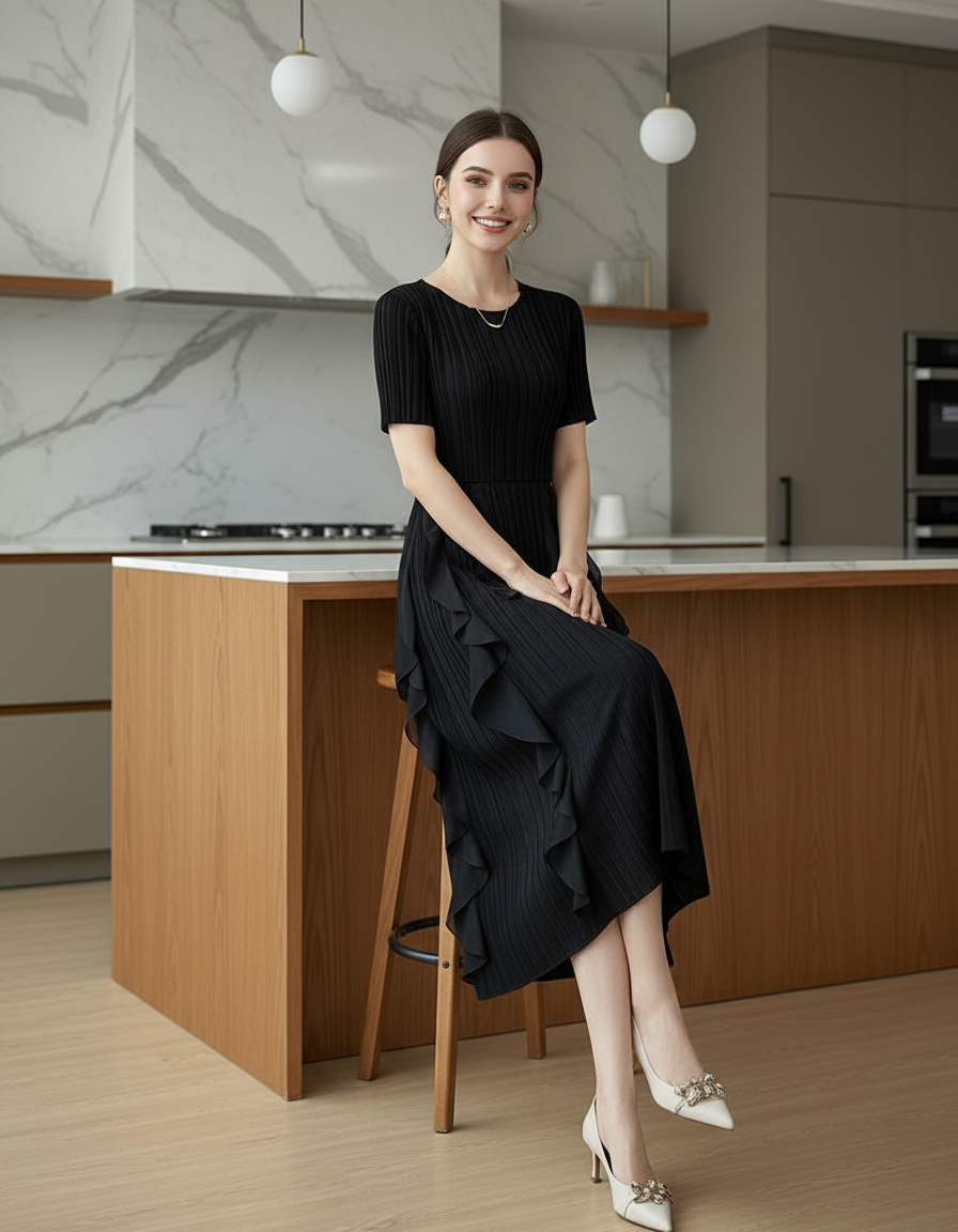 Spring Summer Ruffled Tunic - Black