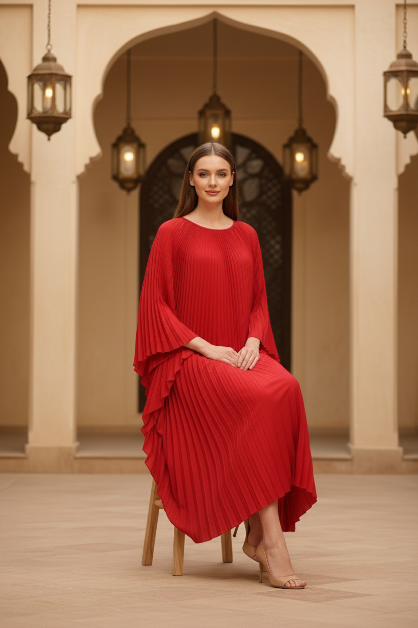 Loose Batwing Sleeve Elegant Pleated Dress - Red