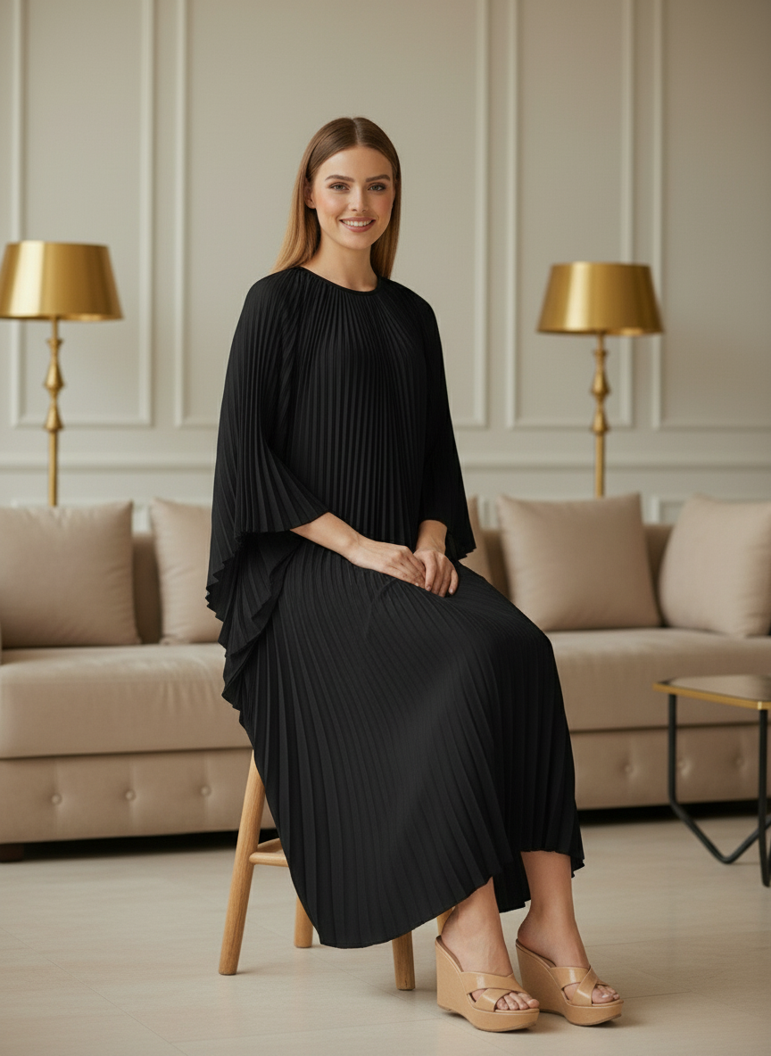 Loose Batwing Sleeve Elegant Pleated Dress - Black