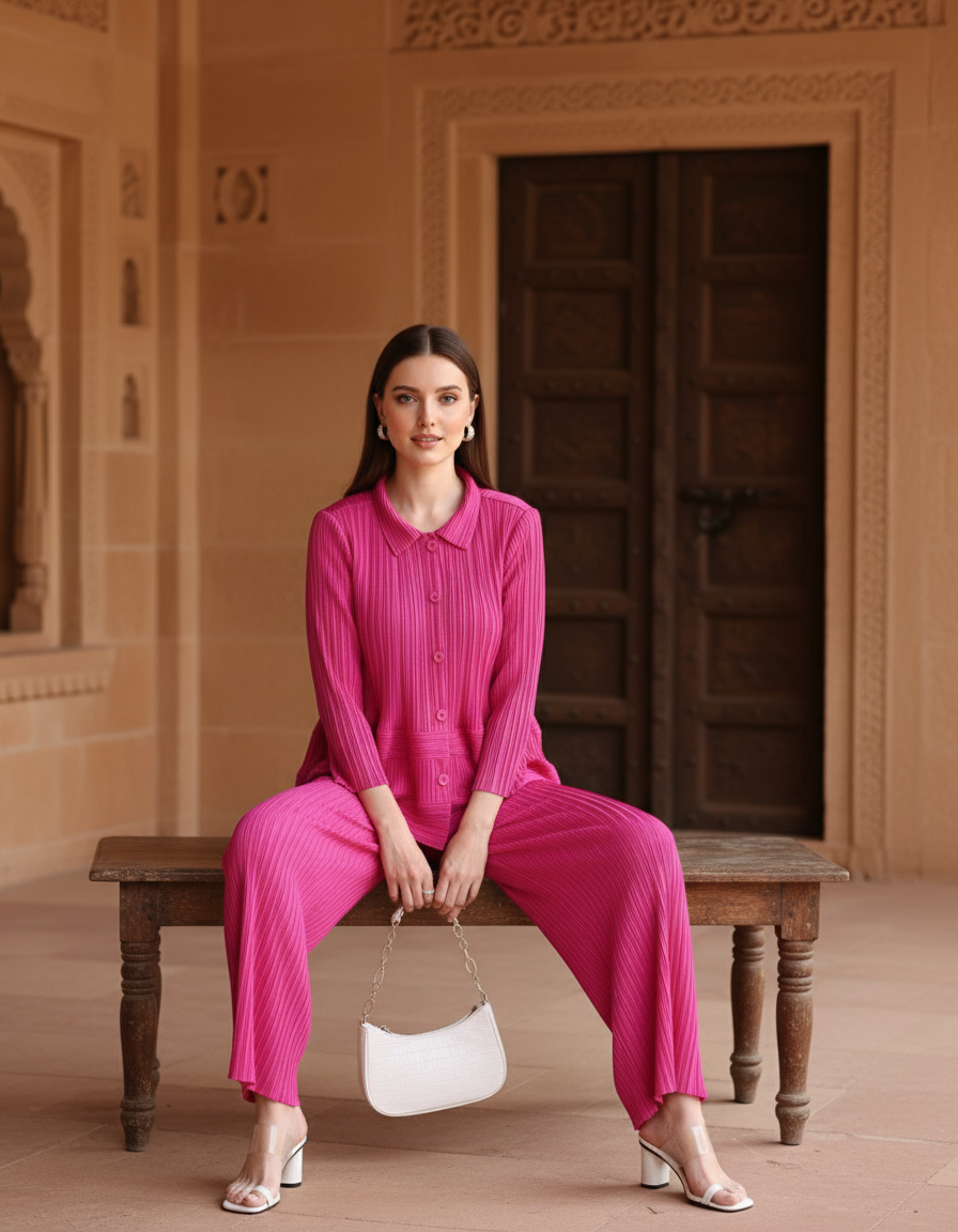 Garnet Polyester Pant Set - Pink