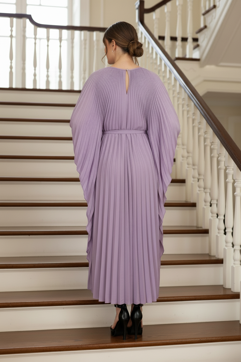 Loose Batwing Sleeve Elegant Pleated Dress - Purple