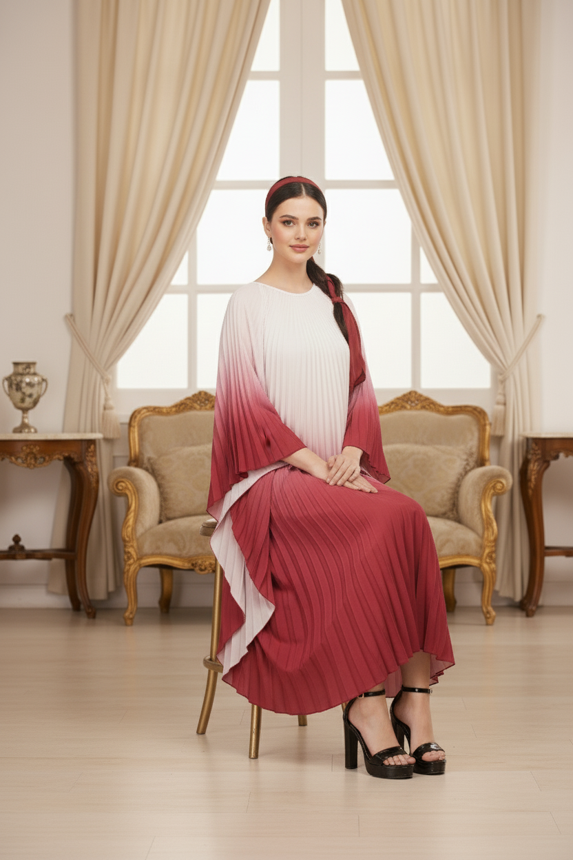 Pleated Gradual Color Dress Irregular O-neck Long Sleeves Loose Long - Wine Red