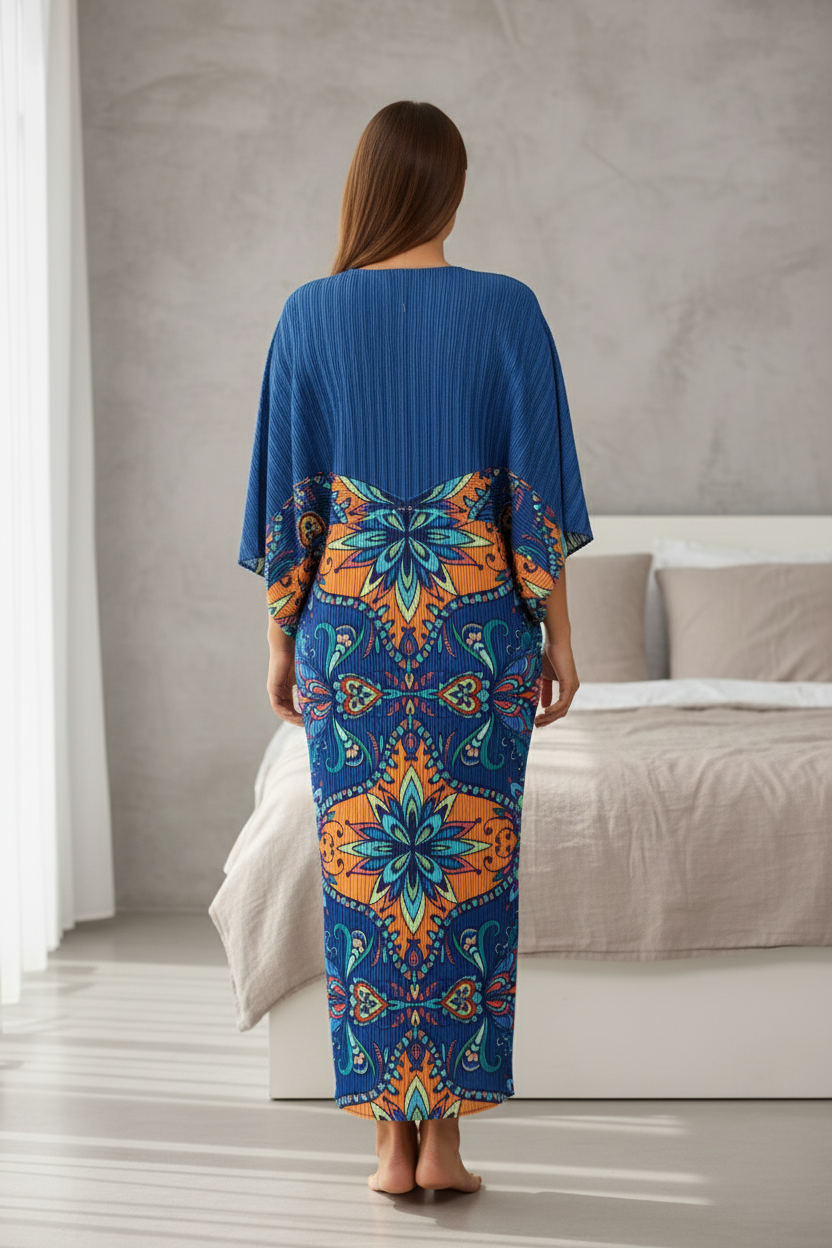 Deep V-Neck and High-Waist Gown - Blue