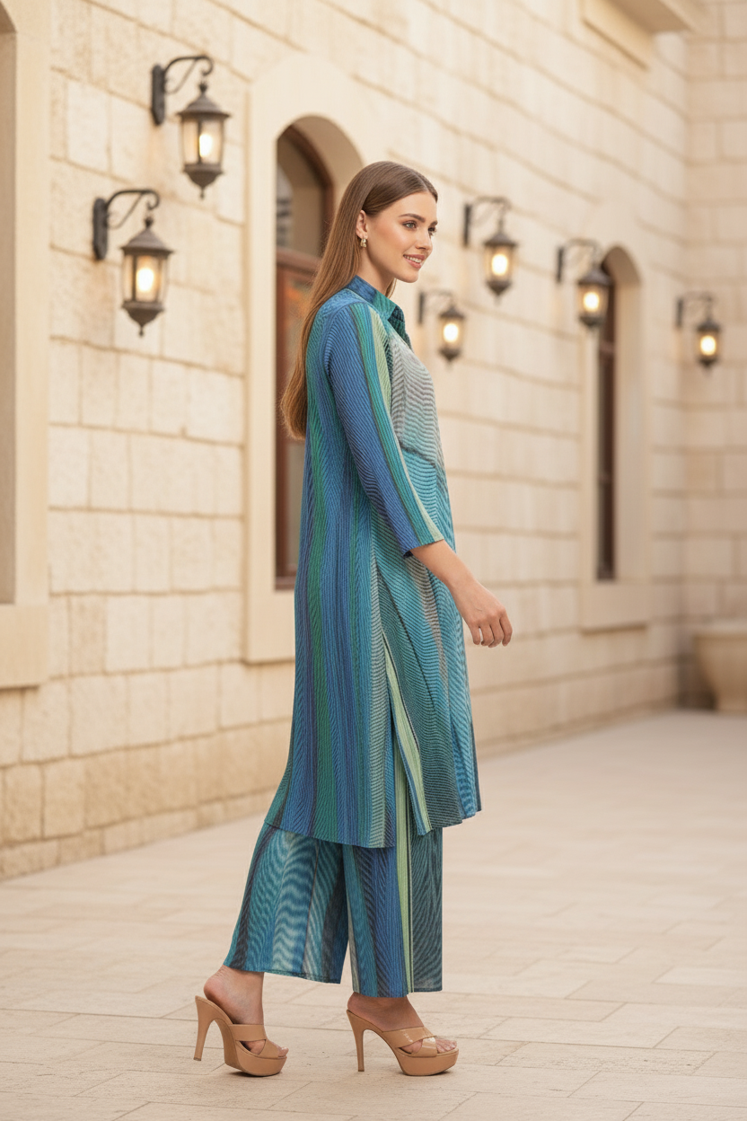 Polyester Button Down Tunic And Set - Blue