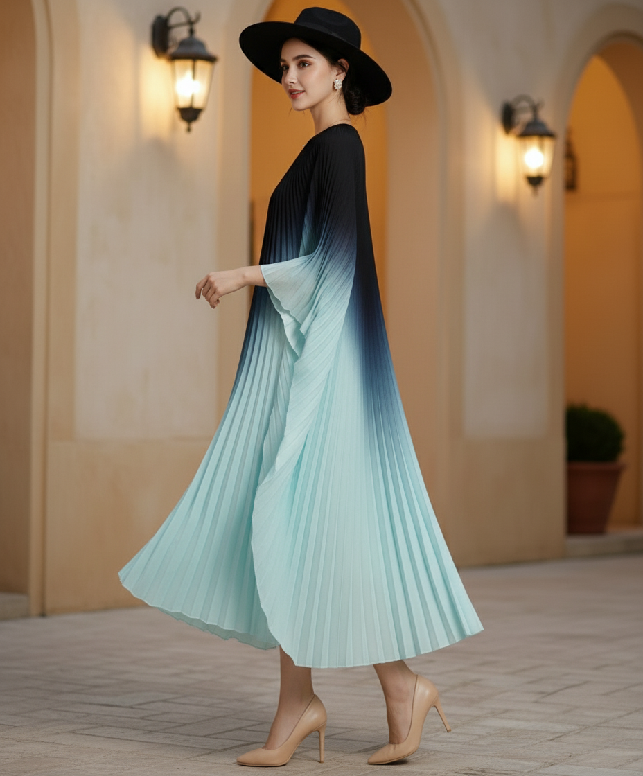 Pleated Gradual Color Dress Irregular O-neck Long Sleeves Loose Long -Dark Grey