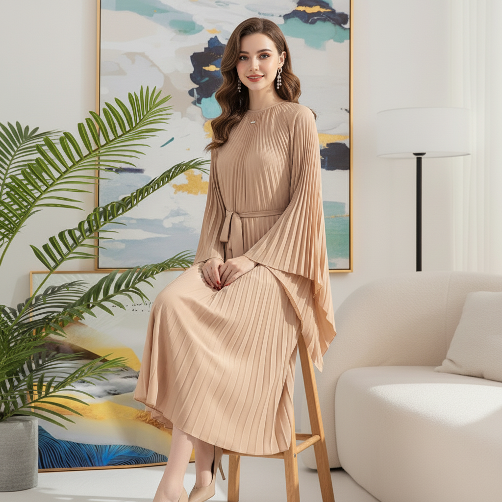 Loose Batwing Sleeve Elegant Pleated Dress - Beige
