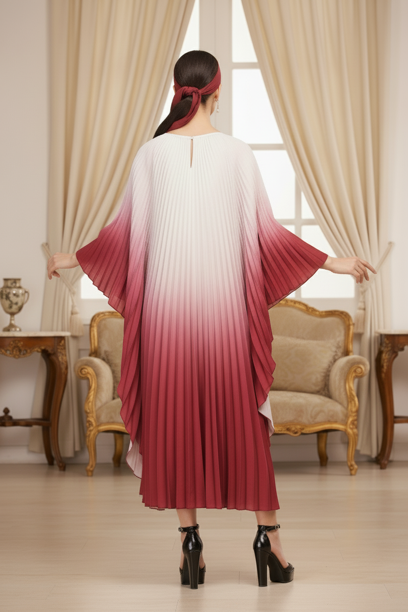 Pleated Gradual Color Dress Irregular O-neck Long Sleeves Loose Long - Wine Red