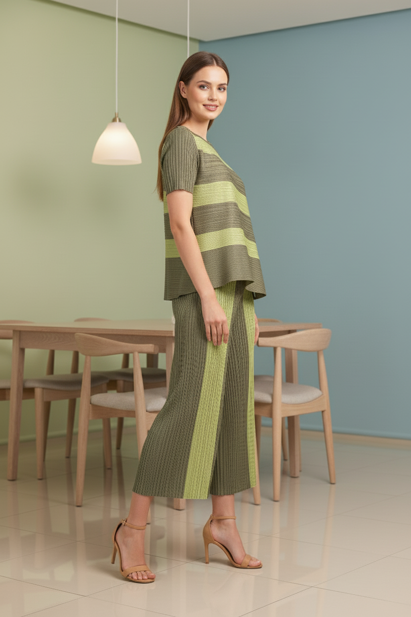 Top Loose Mild Pleated Stretching Skirt Two Pieces Set - Green