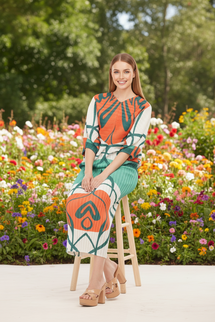 Tangerine Crepe Digital Printed Co-Ord Set - Green