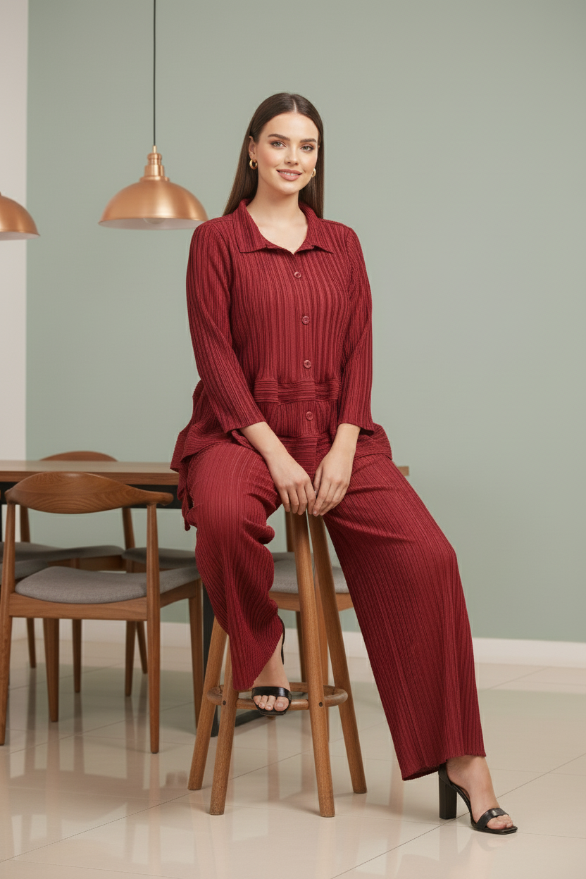 Garnet Polyester Pant Set - Wine Red