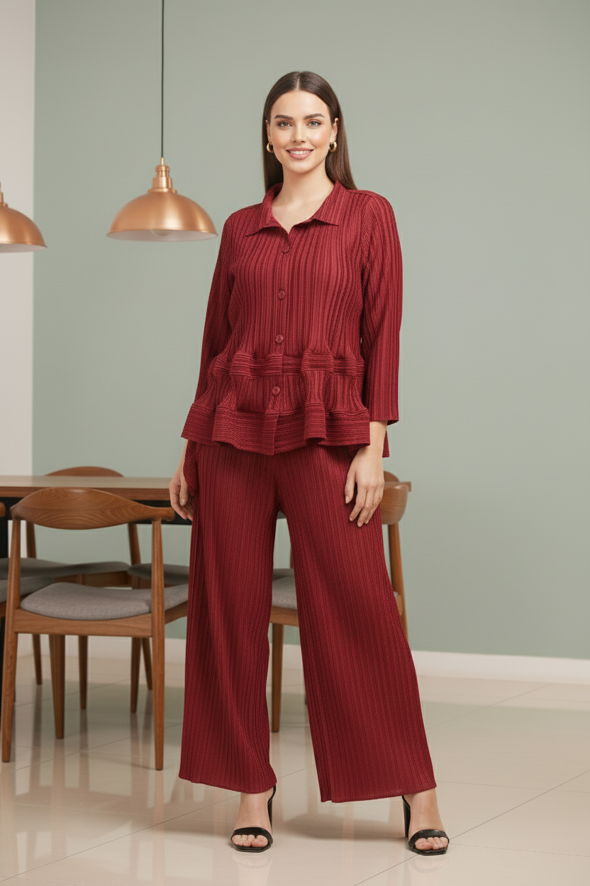 Garnet Polyester Pant Set - Wine Red