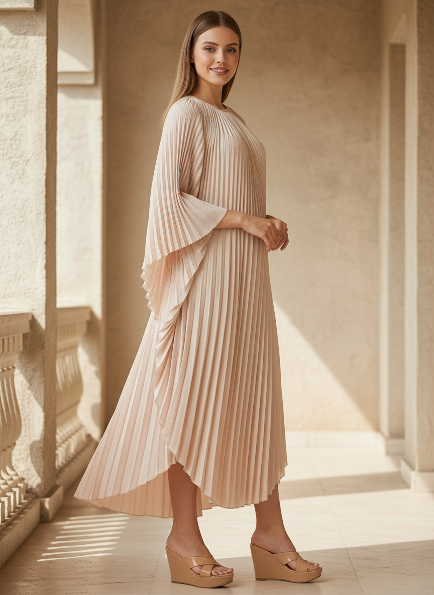 Loose Batwing Sleeve Elegant Pleated Dress - White