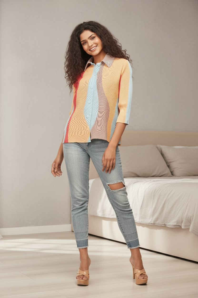 Polyester Edith Color block Printed Shirt