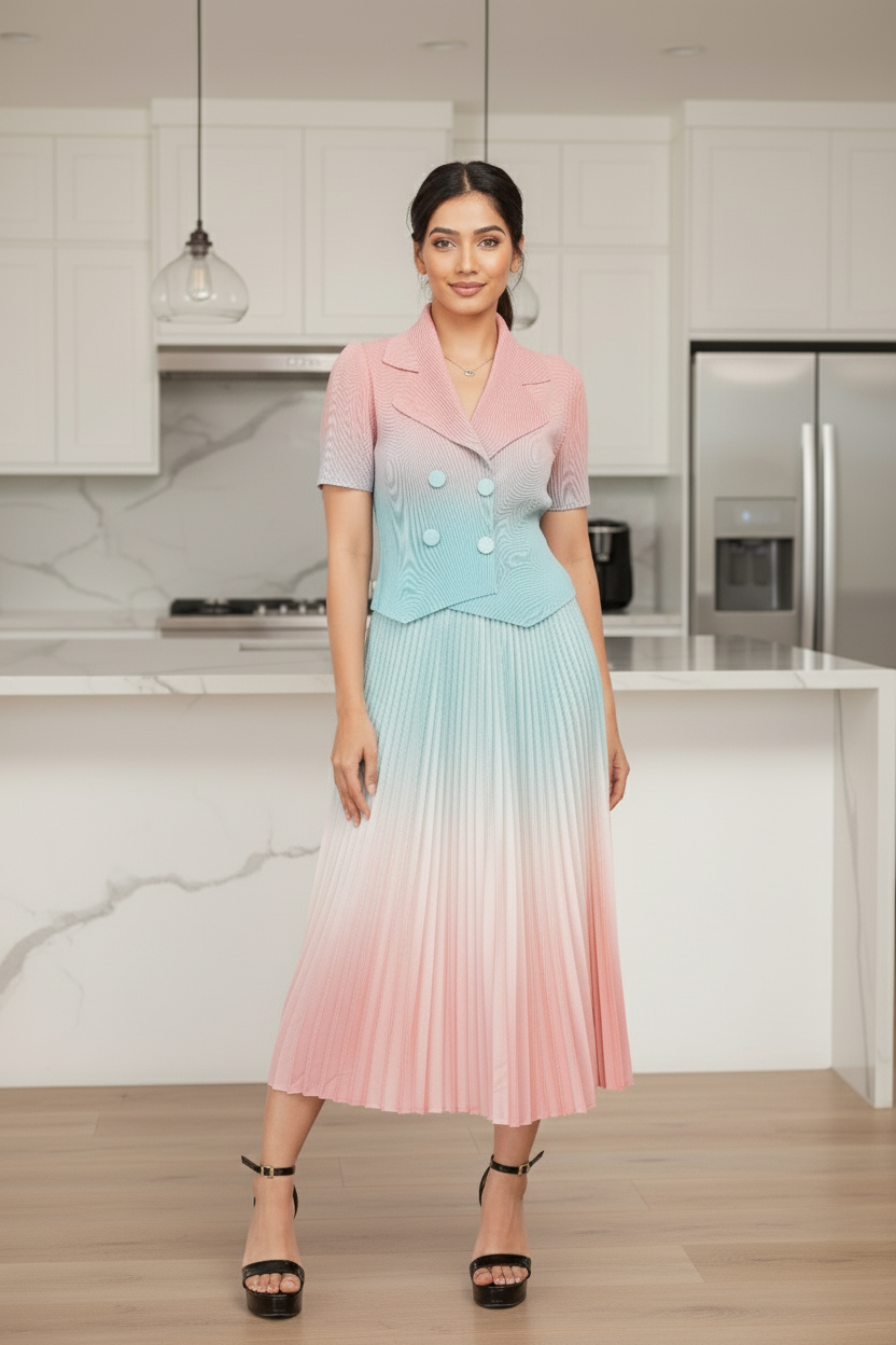 Dual Color Ombre Pleated Skirt Set - Pink