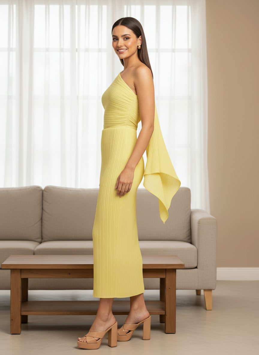 Yellow One Shoulder Drape Dress