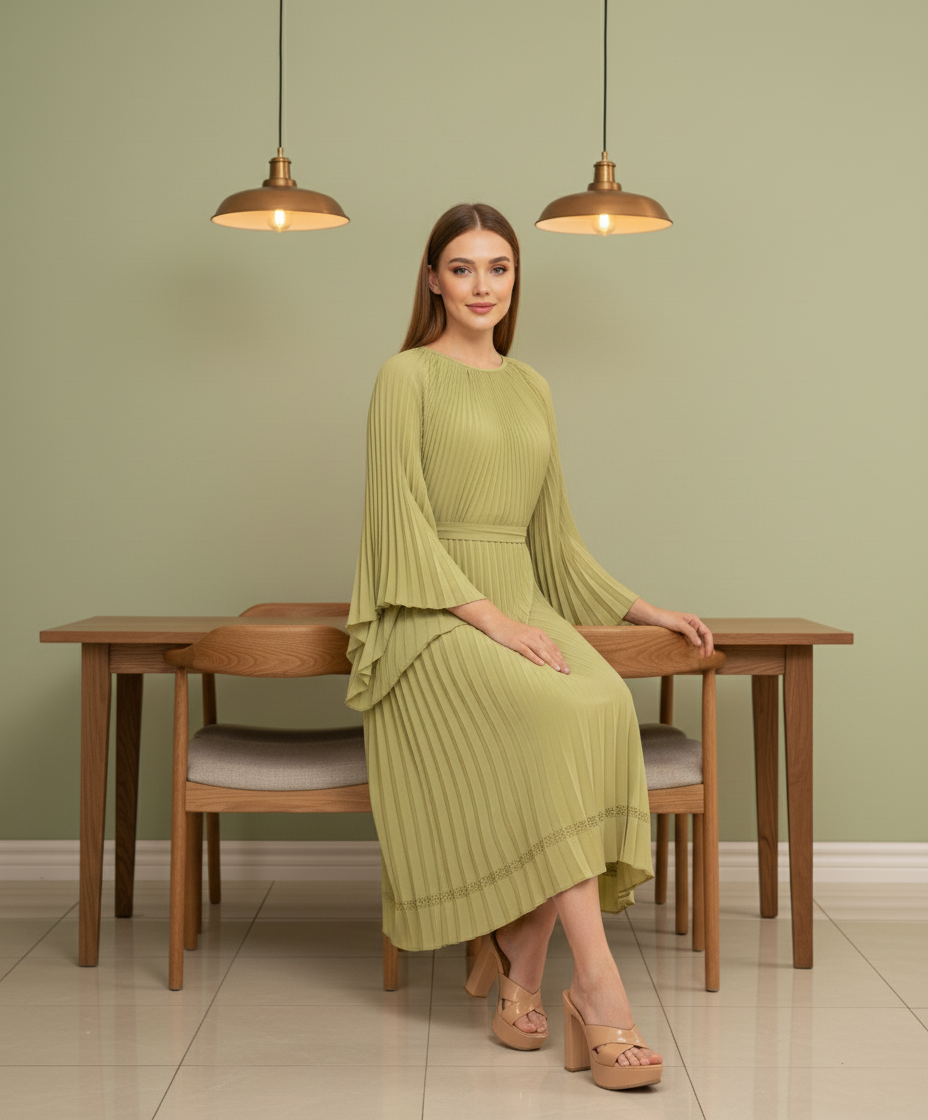 Loose Batwing Sleeve Elegant Pleated Dress - Green