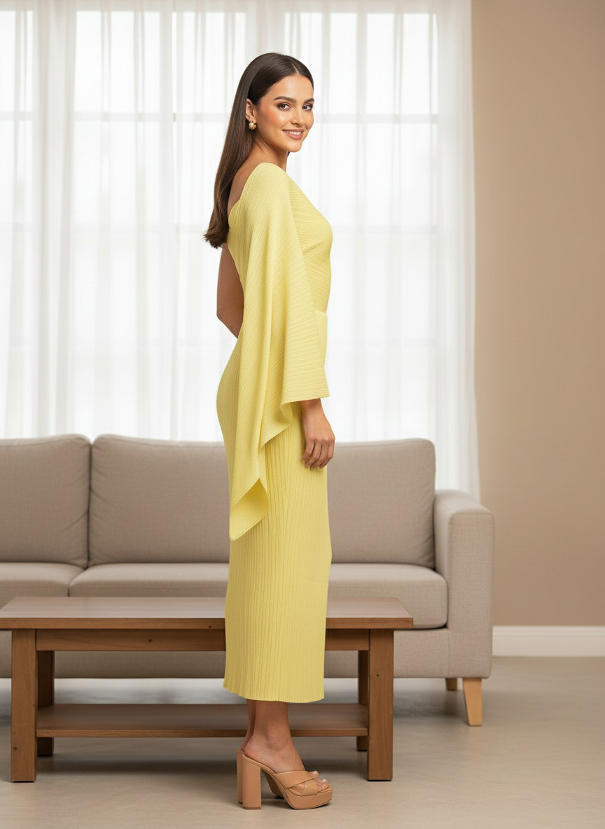 Yellow One Shoulder Drape Dress