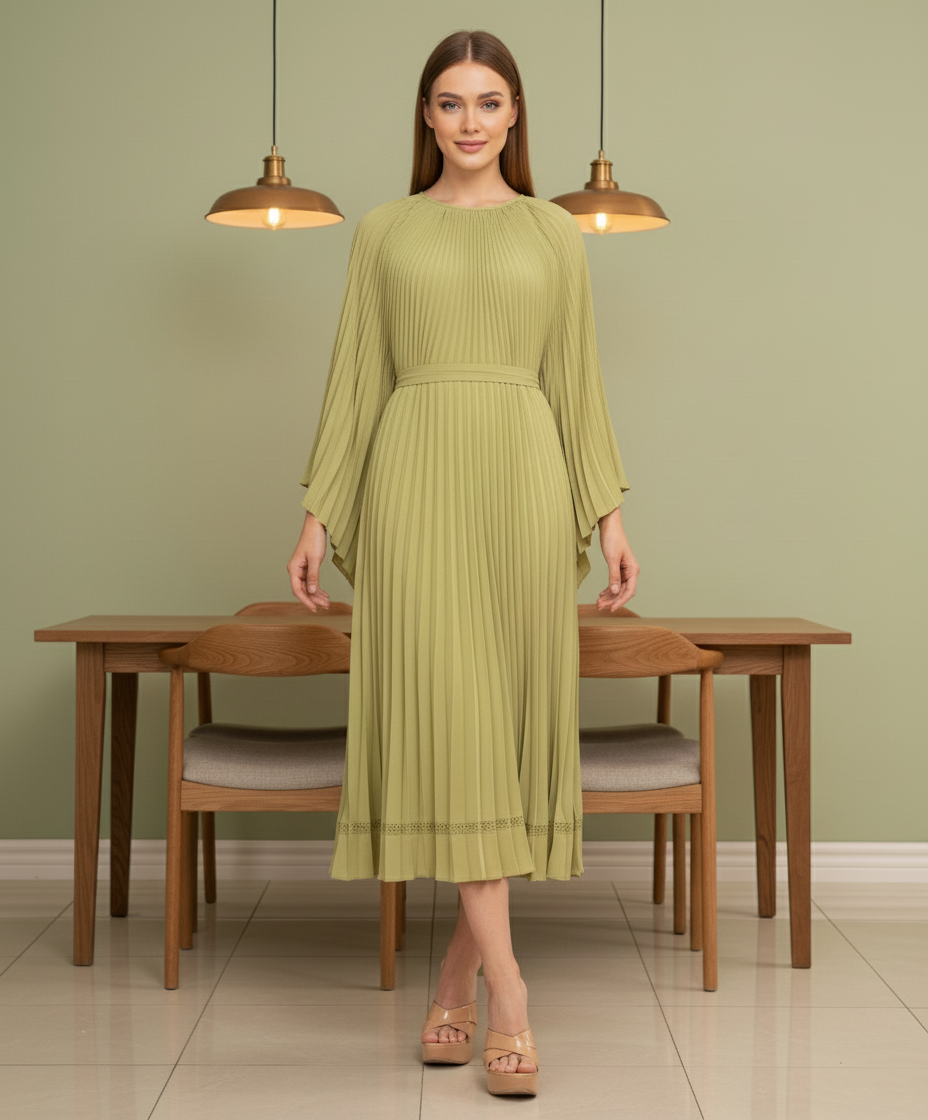 Loose Batwing Sleeve Elegant Pleated Dress - Green